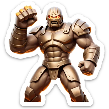 Cinematic Fierce Mighty Iron Golem Portrait Emoji Depicted mid-action in a dynamic, battle-ready stance, massive fists clenched, the ancient metallic plates along its form shifting with raw power. Its eyes blaze like molten fire within a carved, rune-etched face, exuding both divine purpose and mechanical precision. Weathered steel and dark bronze tones are accented by glowing, arcane inscriptions, each detail meticulously crafted with lifelike metallic reflections. High shine, imposing yet regal, styled with an air of indestructible might, soft glowing outline, capturing the essence of an unstoppable colossus that looks ready to charge forth with a thunderous step! sticker