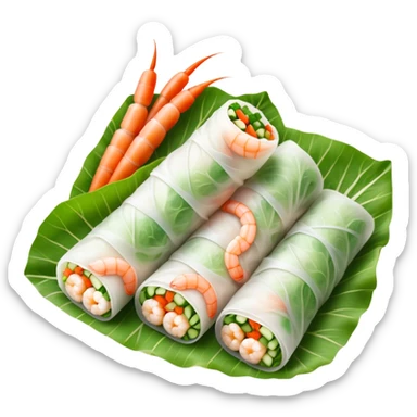 Cinematic Realistic Vietnamese Summer Rolls Dish Emoji, depicted with delicate rice paper wraps filled with fresh vegetables and shrimp rendered with crisp textures and refreshing lighting. sticker