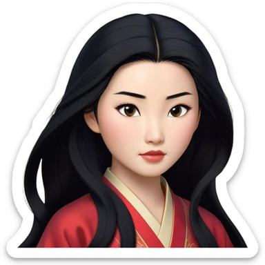 Cinematic Realistic Mulan Portrait, depicted with lifelike skin texture, soft natural lighting, and intricately detailed long black hair styled elegantly. Her deep, expressive eyes exude determination and grace, complemented by a serene yet confident expression. She is dressed in her classic attire, with rich fabric textures and delicate folds that catch the light beautifully. The portrait features a soft, enchanting glow with a natural, radiant finish, capturing the essence of timeless strength and beauty in a realistic and painterly style, evoking a sense of depth and authenticity. sticker