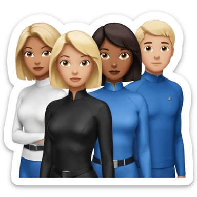 3 Friends standing side by side, charlie's angels style: 1 black woman with a short flat pressed bob, 1 hispanic man with a thin nose and long hair, and 1 white guy with blue eyes and a short brown-blonde haircut sticker
