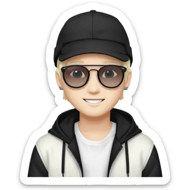 Portrait of a male K-pop idol, white skin, wearing a stylish streetwear outfit with layered clothing, makeup, wearing a black cap, smiling, sunglasses sticker