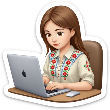 A Ukrainian girl with brown hair in an embroidered shirt works at her laptop sticker