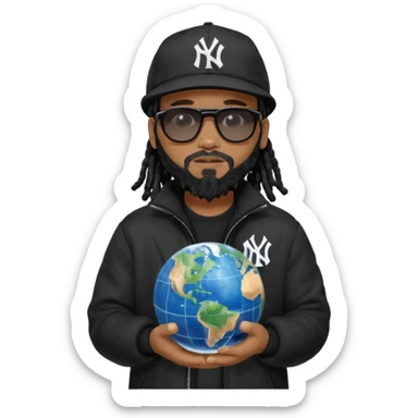 African American man with shoulder length black dreadlocks with black beard wearing black sunglasses wearing a black New York Yankees logo baseball cap wearing a black bubble winter coat holding a Globe in his hands sticker