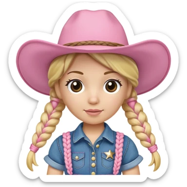 A soft plush cowgirl doll with a pink hat and blonde braids sticker
