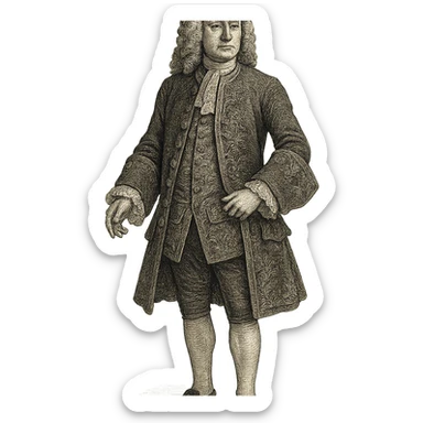 18th century gentleman standing, formal attire, lace cuffs, detailed embroidery, dignified expression, full body, no background, unique visual style sticker