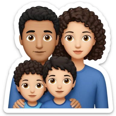  family, mom has brown eyes black hair brown skin, dad is white with brown curly hair and two kids boy and girl who are a mix of the two parents sticker