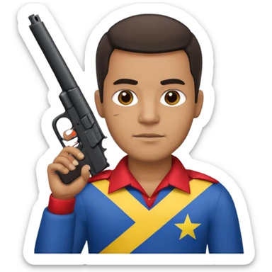 A Venezuelan with the Venezuela flag around his neck holding a gun tap sticker