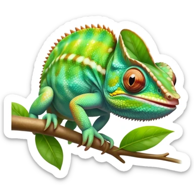 cinematic cute-smiling baby chameleon-realistic emoji,-blending-with-vibrant-greenery.-detailed-scales-in-shifting-colors,-showing-the-chameleon’s-ability-to-camouflage.-soft-natural-light-highlights-its-texture.-light-background, zoomed into its face sticker