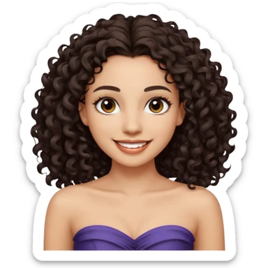 Woman with light skin and super dark brown-almost black colored irises eyes and  dark brown long curly hair that’s waist length curly hair and white tube top with no straps sticker