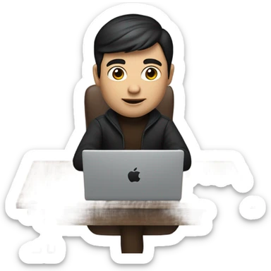     memoji of a man with a laptop in front, apple-style,modern,dark hair,dark brown sweater,computer in hand,sitting on his desk sticker