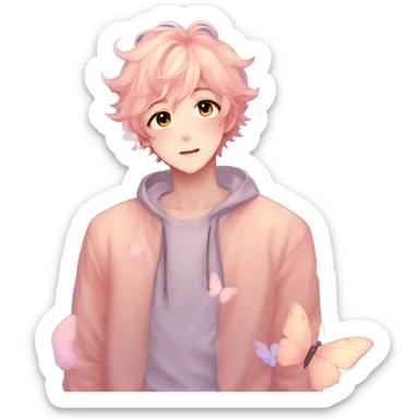 Gorgeous pastel anime style shojo man with blushing face and butterflies aesthetic trending style sticker