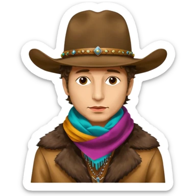 realistic cinematic Bob Dylan profile portrait with dirty cowboy hat on head and colorful silk scarf around neck, fur coat - Desire album cover sticker