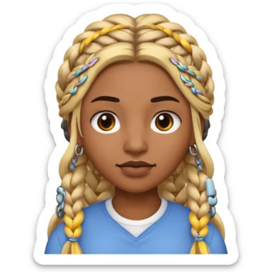 A person emoji with medium-dark skin, long blonde hair styled in two thick braids, dark eyebrows, brown eyes, a small nose, and distinct facial piercings — a ring on the eyebrow and ring on the lower lip. sticker