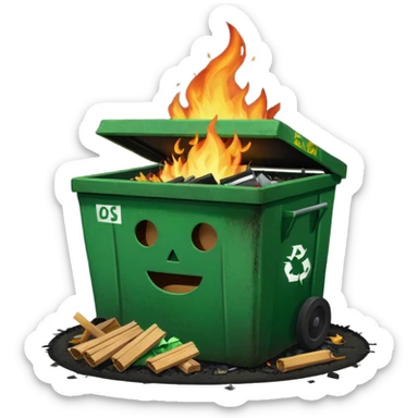 Green happy dumpster with an open black lid and a fire burning only inside it. there is litter and trash on the ground around it not burning sticker