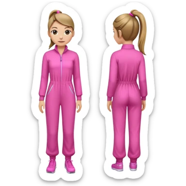 Woman dark blond hair ponytail pink  full body jumpsuit  sticker
