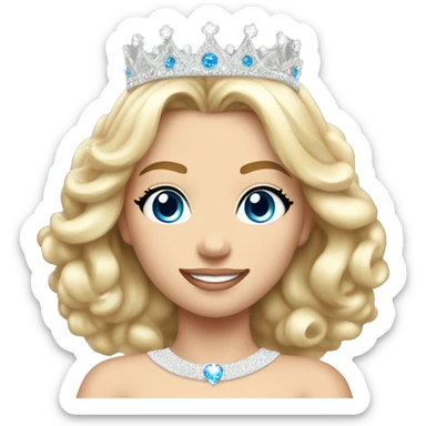 13 year old girl with blonde hair and blue eyes wearing a sparkly all white full pageant gown and a pageant crown that is only silver in color full body sticker