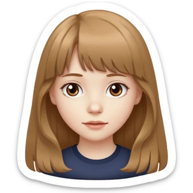 Pale skinned girl with light brown hair and dark brown eyes. She has bangs and her hair is slightly big wavy and long sticker