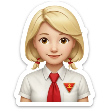 A Soviet pioneer girl emoji — smiling young girl wearing a white shirt and a bright red pioneer necktie tied in a loose triangle knot with wide ends (not a formal tie). No hat or headwear. Blonde hair, friendly face, flat minimal emoji style, Apple emoji aesthetic, clean outlines and soft shading. sticker