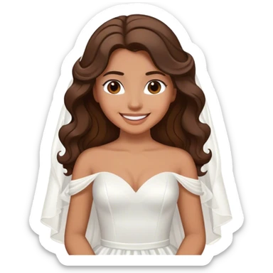 Tan, Dark Brown haired girl, long Hollywood wave hair, in white wedding dress smiling sticker