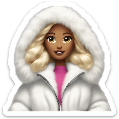 Barbie looking emoji  in an extremely big fluffy oversized white fur coat with hood on. The fur is real and it’s very obvious big and fluffy like in Pinterest  sticker