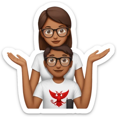 A light brown girl with nerdy glasses with white t-shirt sitting on a shoulder of a standing man with brown skin and t-shirt written Lucifer sticker