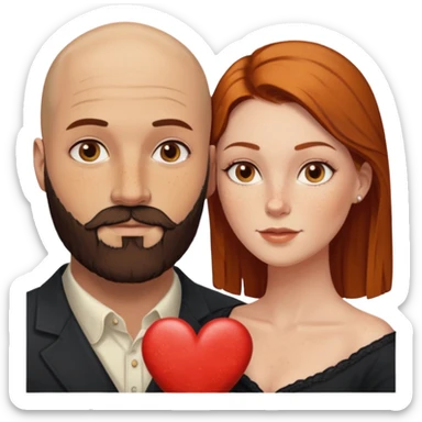 Couple. Bald man with dark brown-black beard. White woman with many small, faded freckles, white skin and she has auburn-yellow-brown-caramel, dark hair. She has light orange-brown eyes. The man have hazel eyes. They are inside one big heart. Retro style. sticker