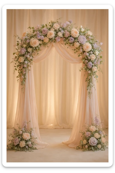 elegant wedding arch with flowers, pastel colors, soft lighting, romantic atmosphere sticker