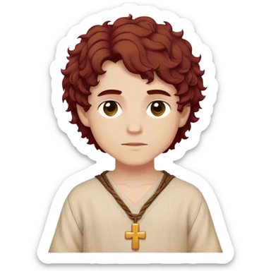 Medieval spring outfit worn by a DnD themed fantasy male character. Warm beige linen tunic with burgundy cross-stitching at the shoulders, tied with a soft suede cord. Clothes only above the waist, full waist coverage. The character has no arms. Character is white-skinned with rich mahogany hair, golden hazel eyes, and short curly hair with defined spirals. sticker