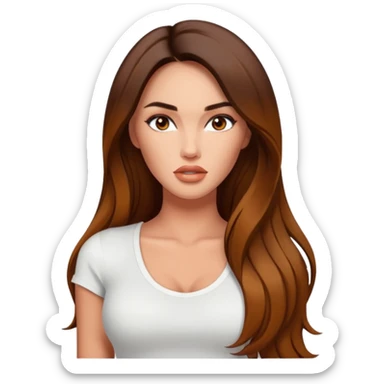 Megan fox, fashion model Beautiful woman model adult   large breasts  with monolid narrow eyes tan Carmel  skin, full lips  long hair model white  top   sticker