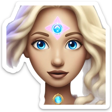 magical diva with thin pink andromedan face long blonde hair and blue eyes glowing third eye sticker