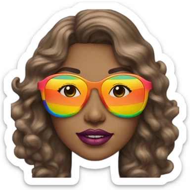 gay pride sunglasses on female head with wavy brown hair and rainbow lipstick sticker