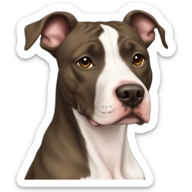 Pitbull and lacy dog mix, brindle color, whiteish pale chest, 65 pounds, full flappy ears sticker