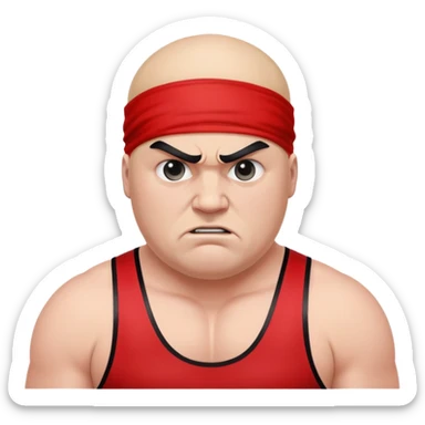 Close-up of white skin fat guy no muscle with prominent black durag, completely shaved face, no beard or mustache, black eyes in a red and black wrestling singlet with angry face sticker