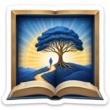 A deep blue-to-golden sunrise book with a textured, aged cover, featuring a lone figure on a path, a ray of light, or a tree with deep roots, radiating hope, purpose, and the power of finding meaning in adversity. sticker
