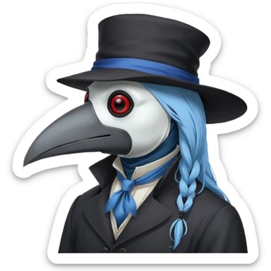 Plague Doctor with black flat beak mask, with light-blue beautiful hair, handsome sexy, long hair tendril bangs down on the sides, white lab coat, blue cravat, black feathers on shoulder, raven companion, black gloves, red eyes sticker