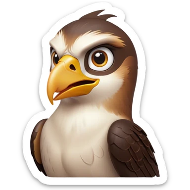 Cinematic Comical Falcon Portrait Emoji, Head tilted dramatically with an exaggeratedly shocked expression, featuring a sharply defined beak and wide, comically expressive eyes full of playful disbelief, Simplified yet hilariously expressive features, highly detailed, glowing with a slightly sassy glow, high shine, dramatic yet playful, stylized with an air of cheeky aerial mischief, soft glowing outline, capturing the essence of a meme-worthy falcon that looks ready to side-eye its way into viral fame! sticker