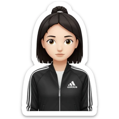 A girl with  medium length, dark hair, fair skin. The style is a layered cut that falls around her shoulders. wore black Adidas track jacket with white stripes on the sleeves. It has a full zipper down the front, a stand-up collar, and the Adidas logo on the right chest emoji sticker