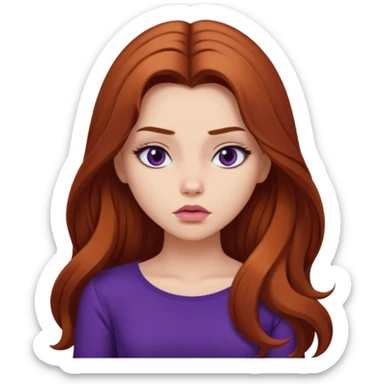 Gorgeous girl with volume auburn extra long hair cleavage dark purple top pouting sticker