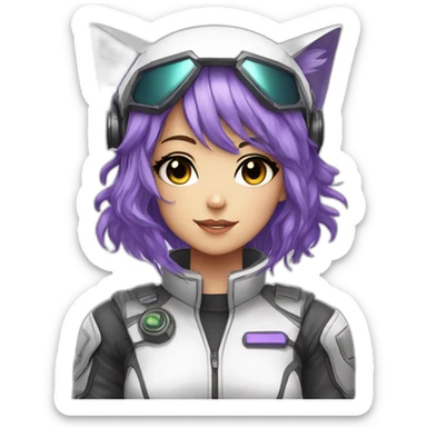 Anime mech pilot girl with purple hair gray eyes white pilot suit and cat ears sticker