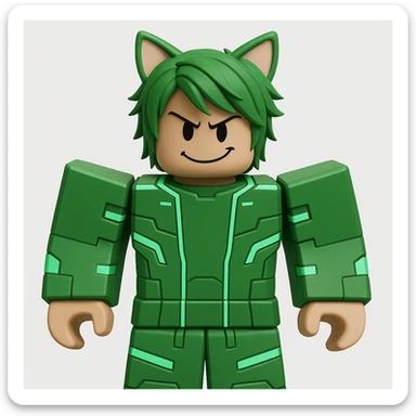 Edit the character in the reference image to have a mischievous expression, keeping the original Roblox style, outfit, and face color exactly as in the reference image. sticker