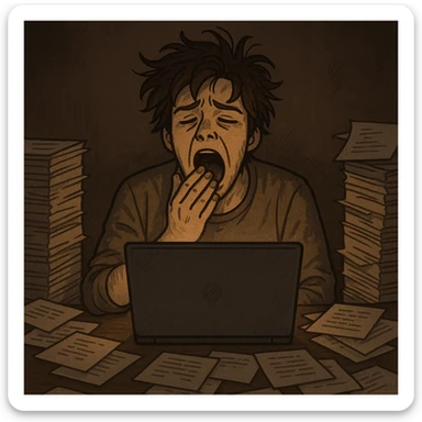 tired blogger with a laptop, yawning, messy hair, stacks of notes, dim lighting, late night atmosphere sticker