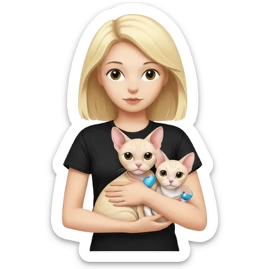 A white girl with blonde hair black T-shirt is holding a white Sphynx girl cat in her arms sticker