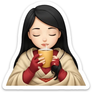 black hair girl long hair inside a beige blanket sipping coffee eyes closed sticker