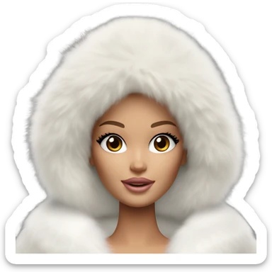 Barbie in an extremely big fluffy oversized white fur coat with hood on. The fur is real and it’s very obvious big and fluffy like in Pinterest  sticker