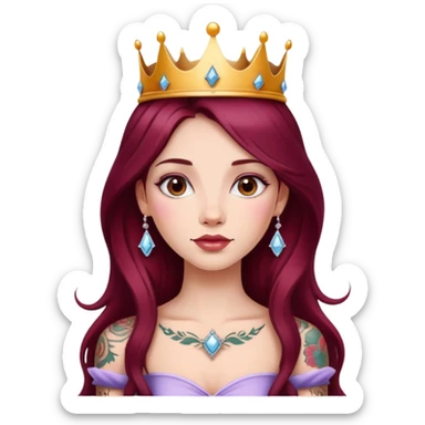 Beautiful tattooed long burgundy haired girl wearing a princess crown sticker