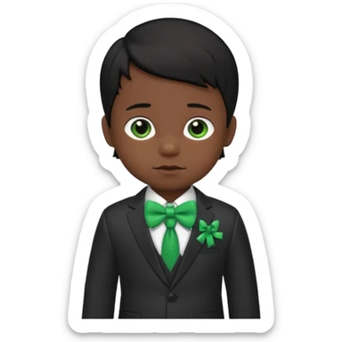 baby boy black hair in suit, with green bow sticker