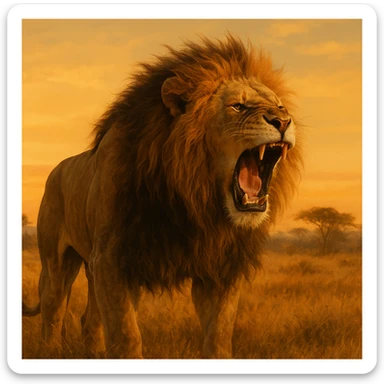 a big, fierce male lion, roaring, realistic, savannah background, golden hour lighting sticker