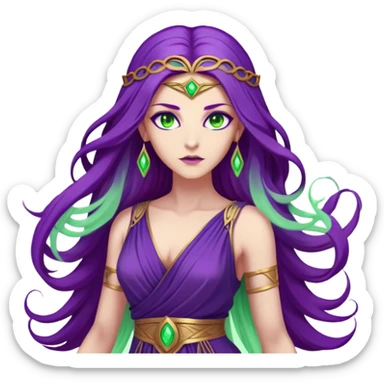 a powerful woman with beige skin, long flowing purple hair, and glowing green eyes. She wears an elegant, ancient Greek-style dress and is surrounded by purple magical energy.” sticker