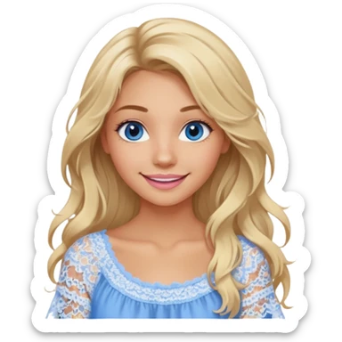 create an emoji of a young woman, tanned face, smile. she has an innocent natural look, very messy extremely long blonde hair, blueeyes, natural soft pink lips. she wears a very loose very white lacy top sticker