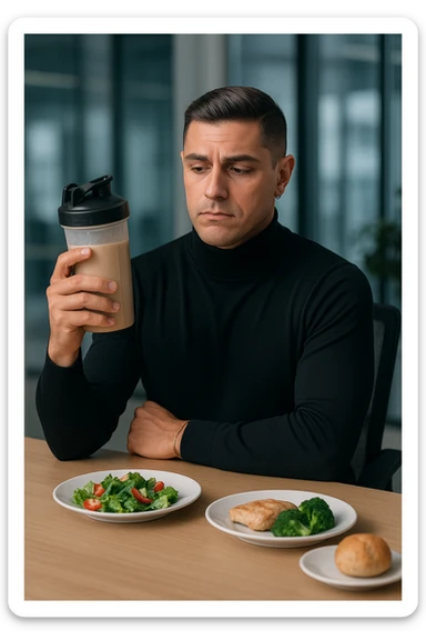 un uomo in abiti da ufficio tiene in mano uno shaker o una bottiglia di sostituto pasto, guardandolo con un’espressione neutra o leggermente indecisa. Sul tavolo davanti a lui ci sono piatti di cibo solido non toccati, come insalata, pollo e pane, a sottolineare la sua scelta di evitare il pasto tradizionale. L’atmosfera è moderna e riflessiva. sticker